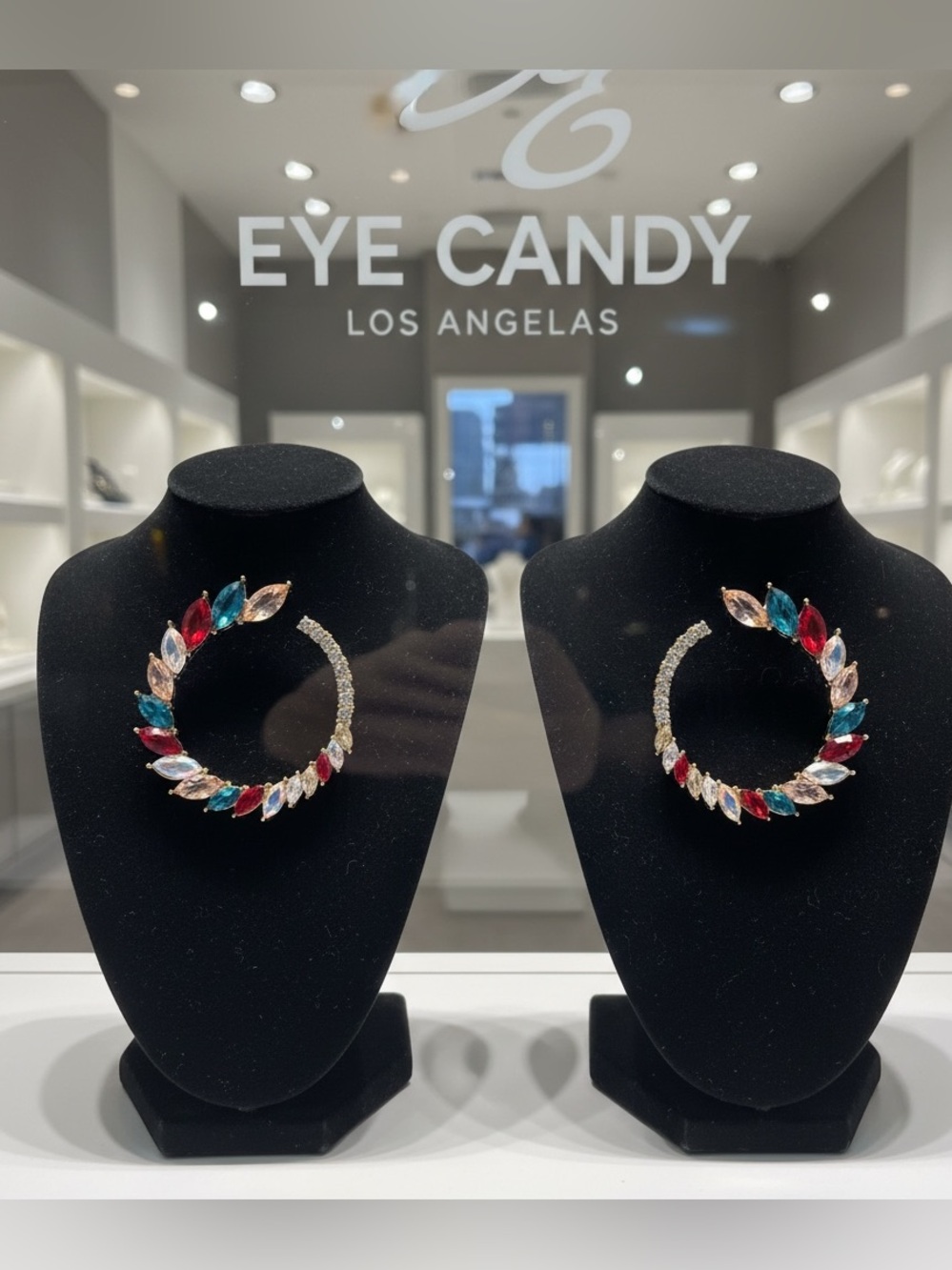 NEW EYE CANDY Roman Marquise Cut Multi-Color Glass Open Circle Earrings